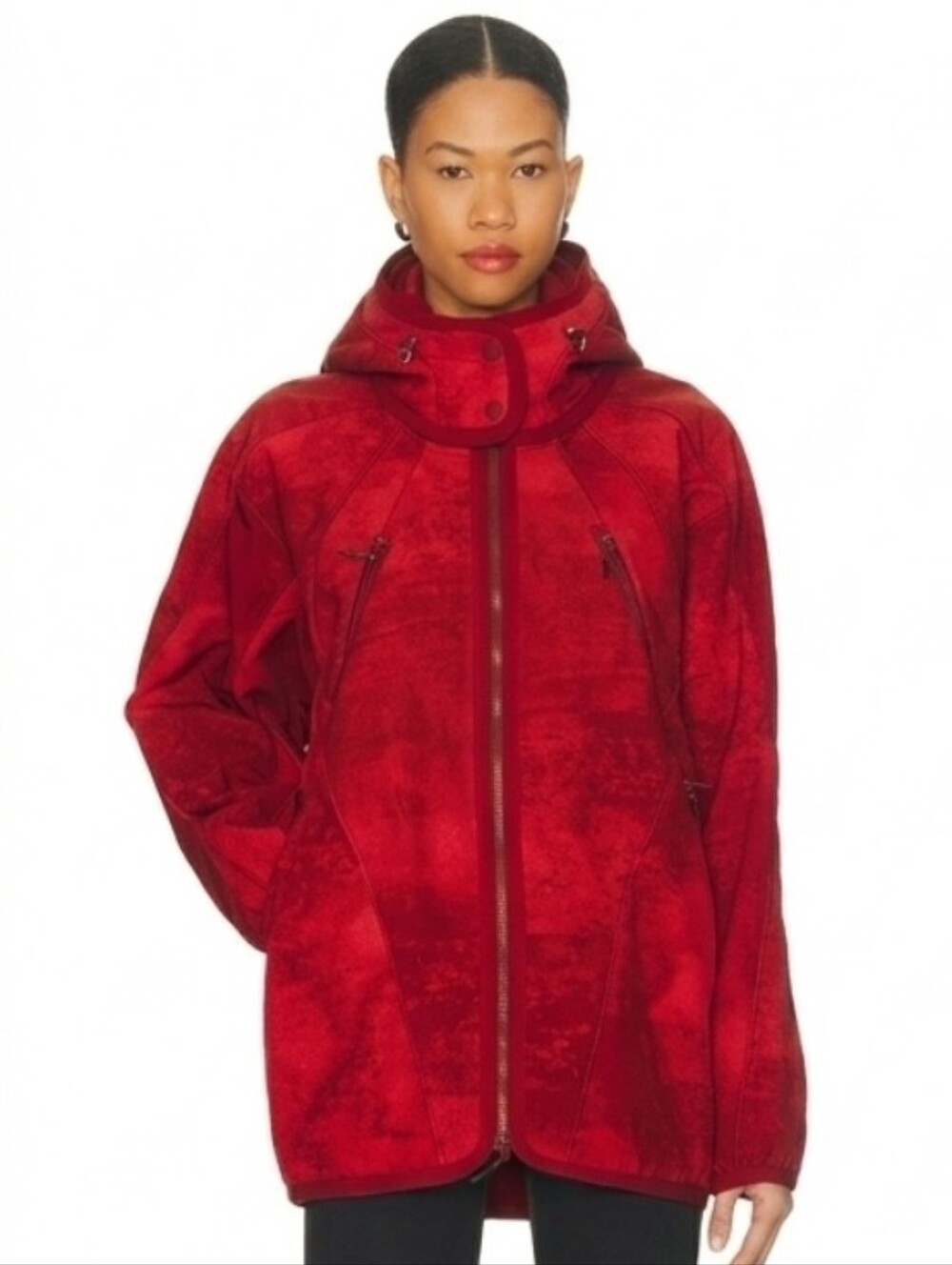 NWT Free People Red Oversized Bomber Jacket Textured Print Removable Hood Zip S